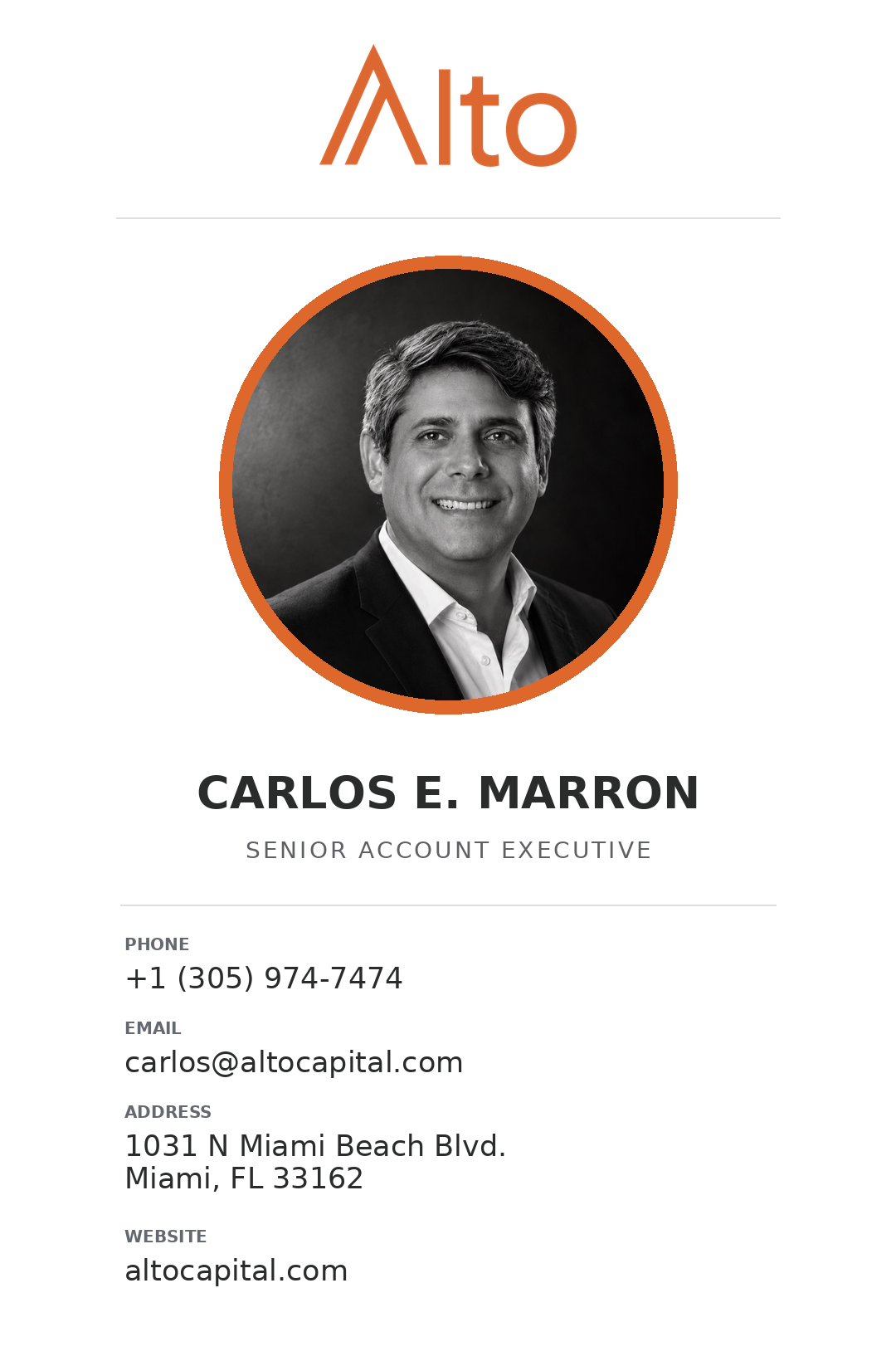 Tarjeta de presentación de Carlos E. Marron, Alto Capital